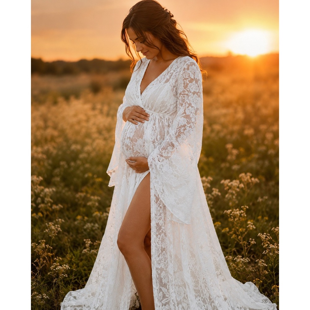 Pregnancy Photoshoot Lace Dress ‎ Maternity White Boho Sheer Country Ethereal